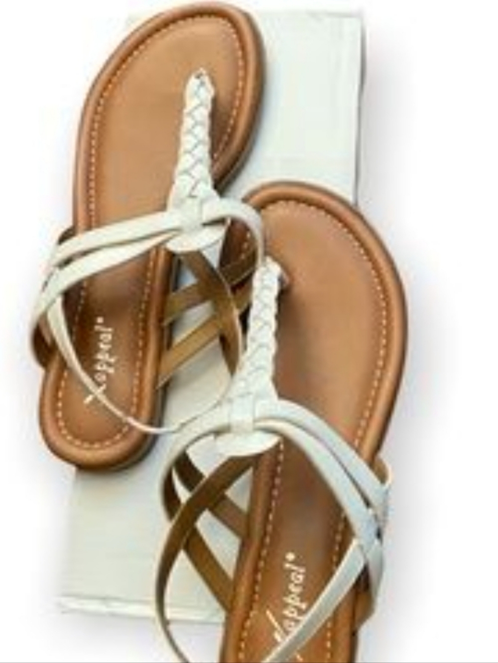 x-appeal White Braided T-Strap Sandals with Tan Footbed